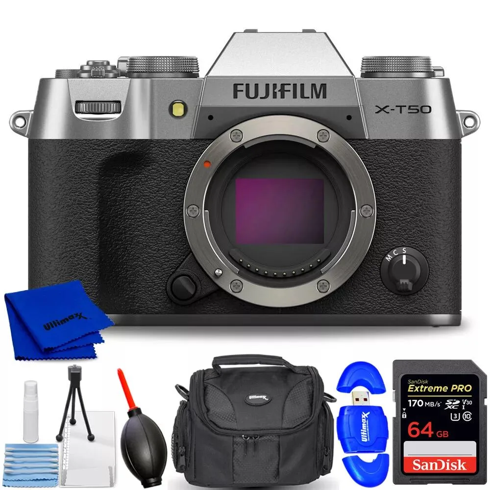 FUJIFILM FUJIFILM X-T50 Silver 40.2MP compact mirrorless camera 7PC bundle — product photo