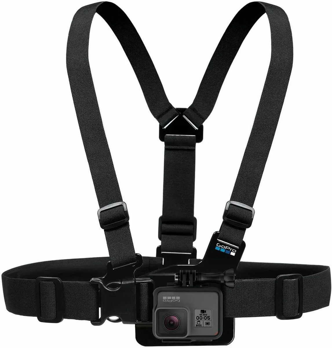 Black adjustable chest harness with central camera mount, wide straps and quick-release buckles