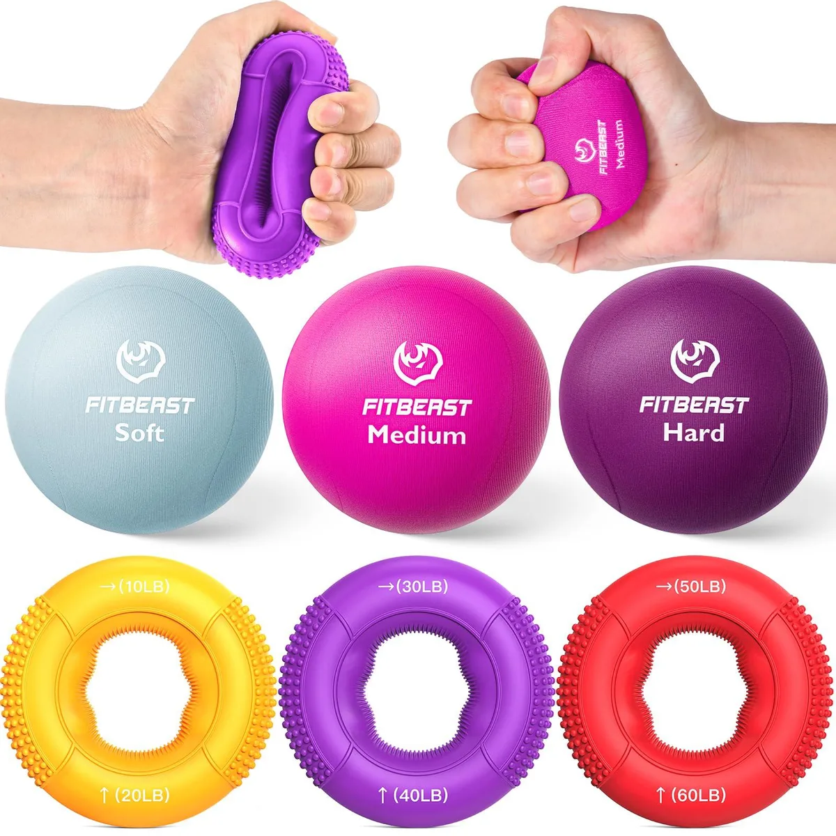Six bright grip rings and stress balls on a plain surface