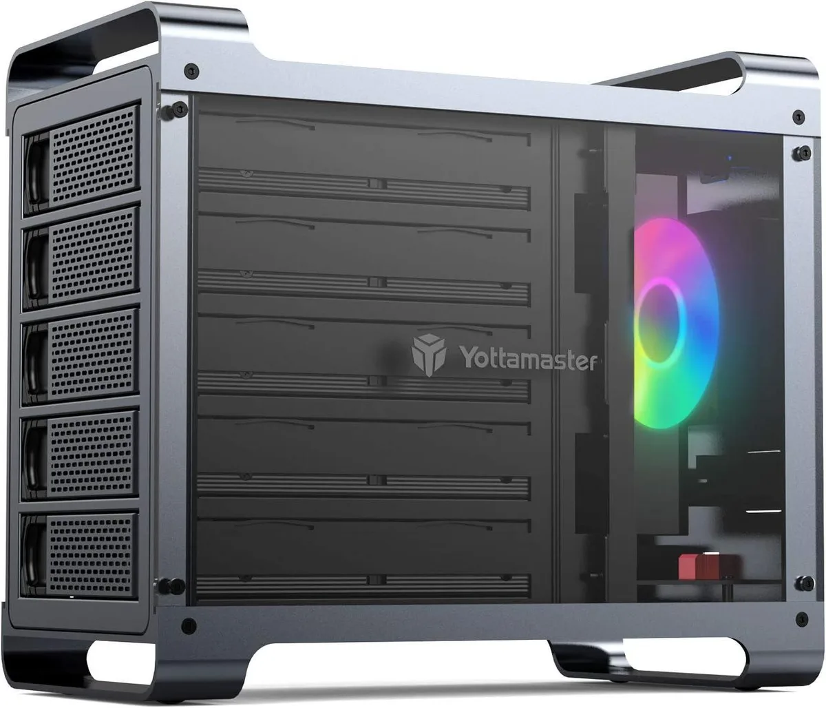 Yottamaster Yottamaster 5 Bay Hard Drive Enclosure 2.5" 3.5" SATA USB 3.0 Type-B 18TB Aluminum 80mm RGB Fan — product photo