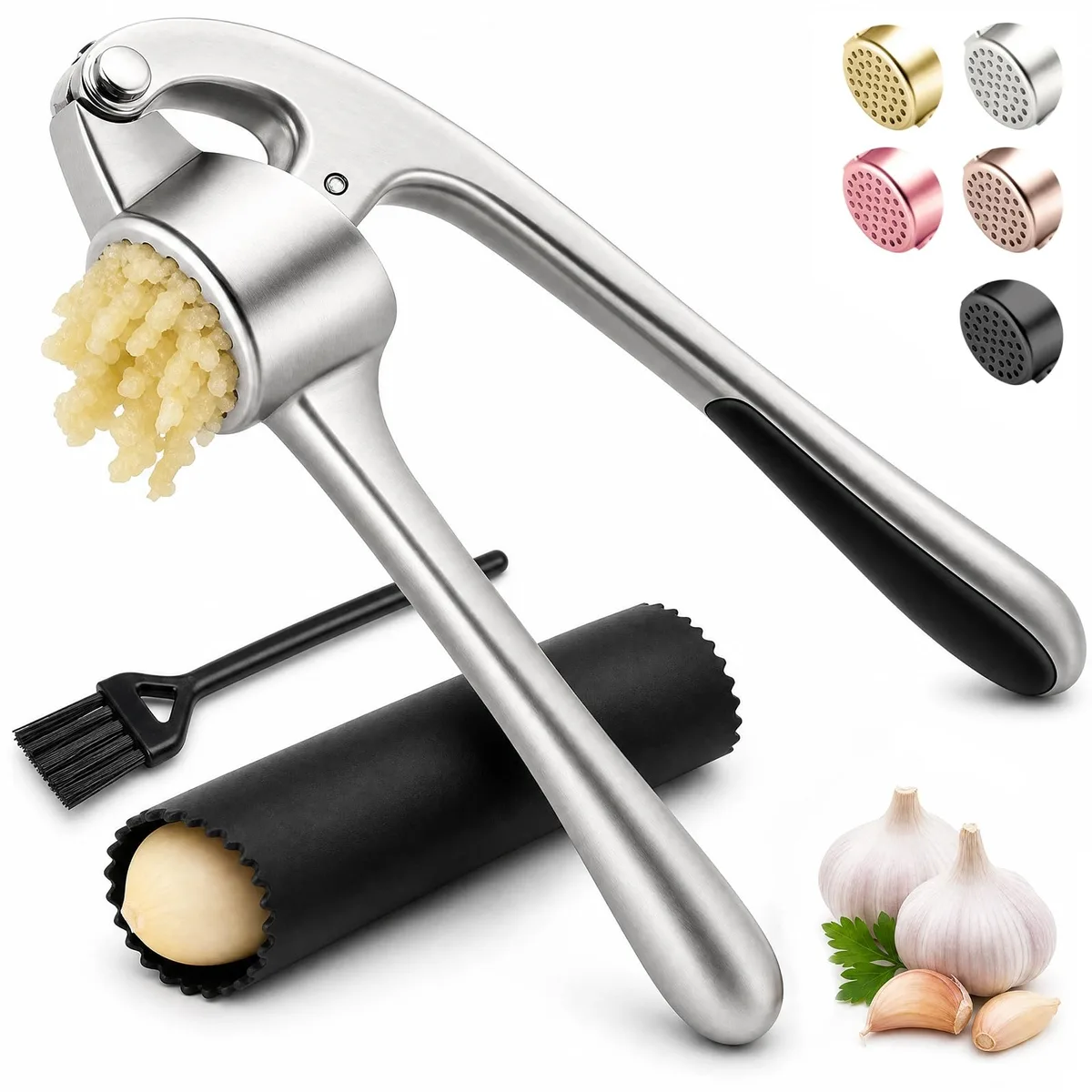  SRISE Garlic Press Set with Peeler &amp; Brush, Zinc, Matte, 0.25 kg — product photo