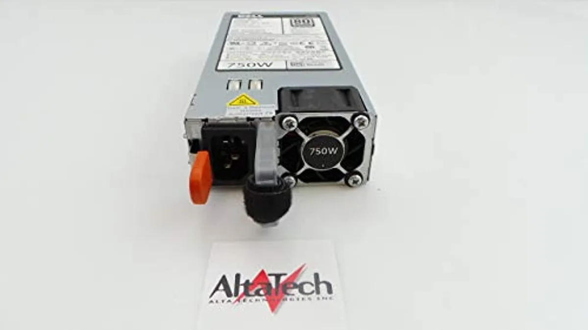Silver rectangular server PSU with black vented grille and silver handle, Dell label visible