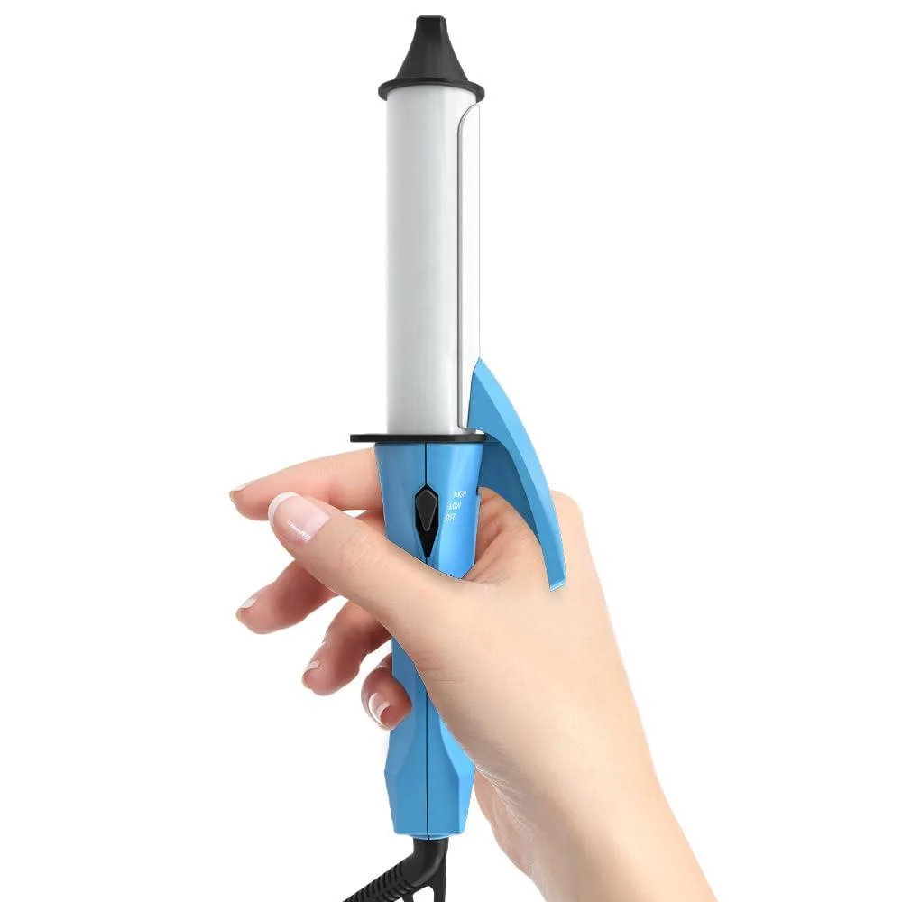 Compact blue mini curling iron with 1 inch ceramic barrel, cool tip, stand, 360 degree swivel cord