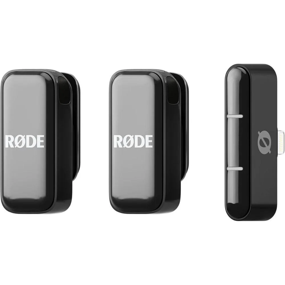 Black wireless microphone kit with two clip-on transmitters and Lightning receiver in charging case