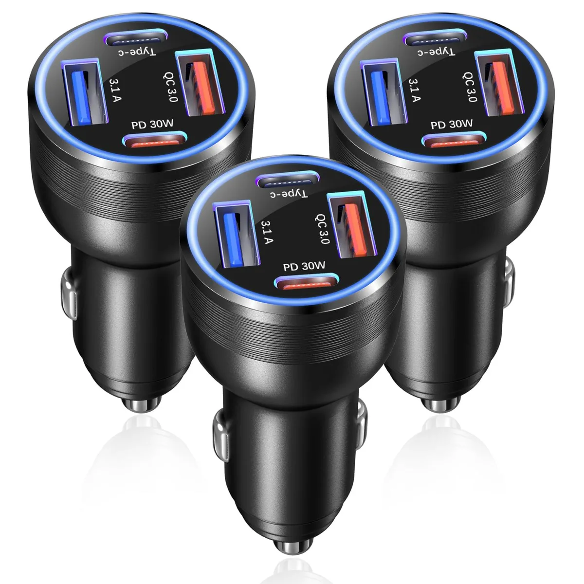 Three small black car chargers each with four USB ports and a soft LED light