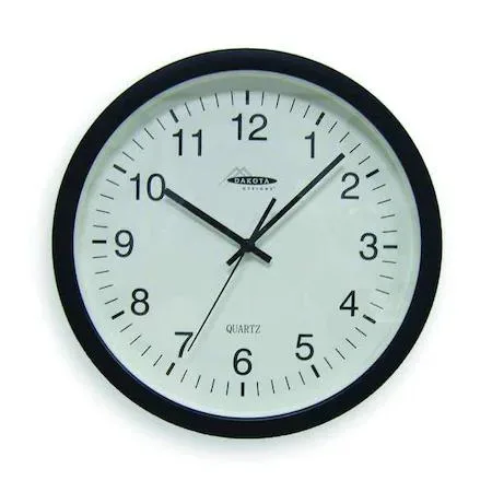 Black round wall clock with glass lens and plastic case