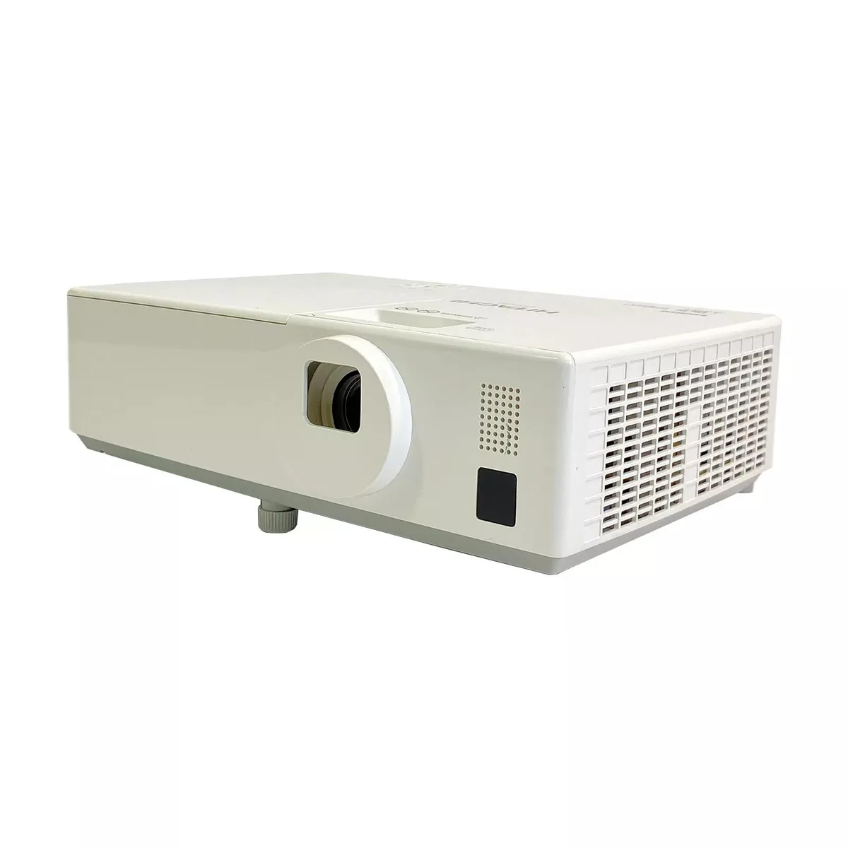 Compact white DLP projector with top controls and front lens
