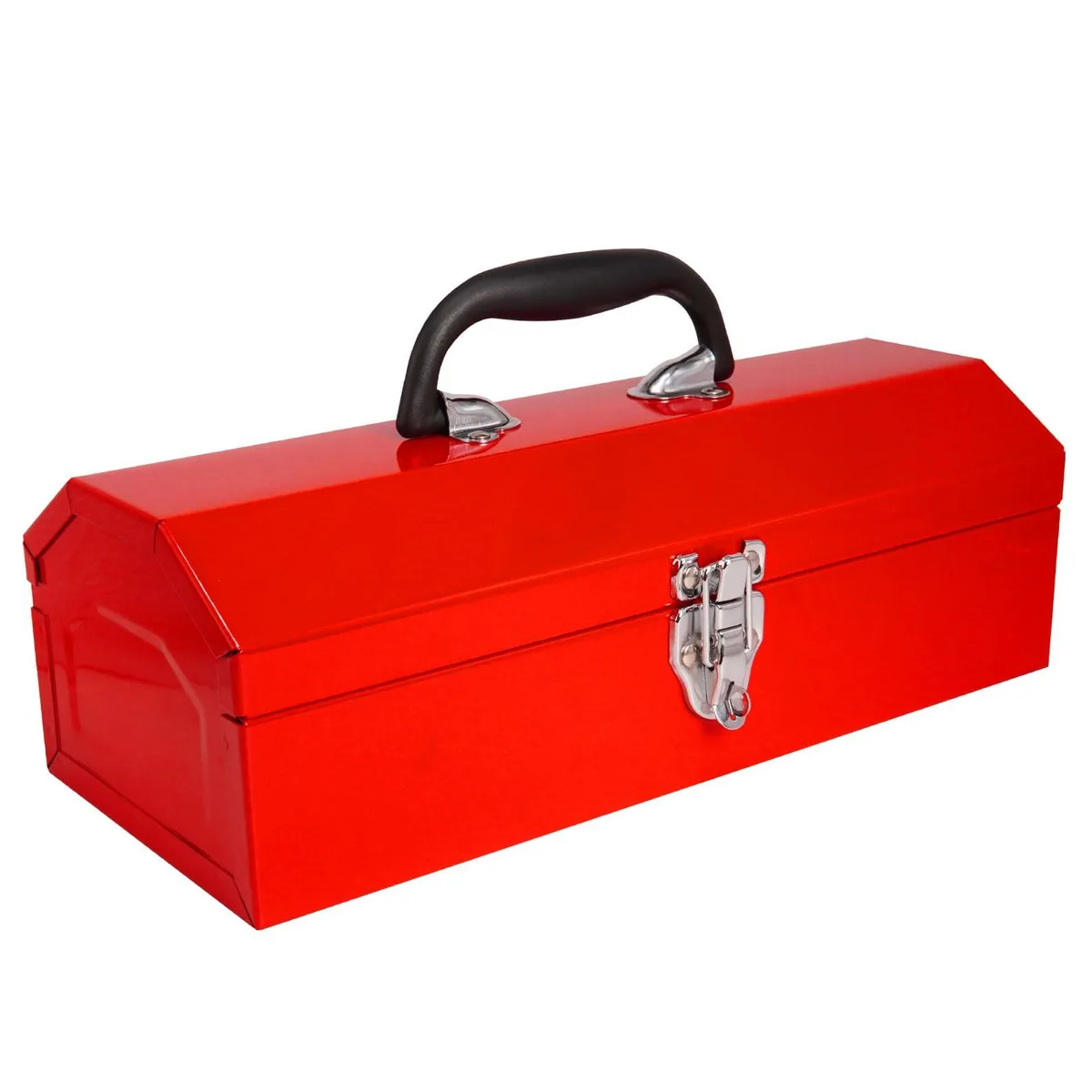 Twelve red metal tool boxes with carry handles 14.5 by 6 by 4.7 inches