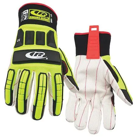 Pair of green hi-vis impact gloves with black TPR knuckle guards and gauntlet cuffs