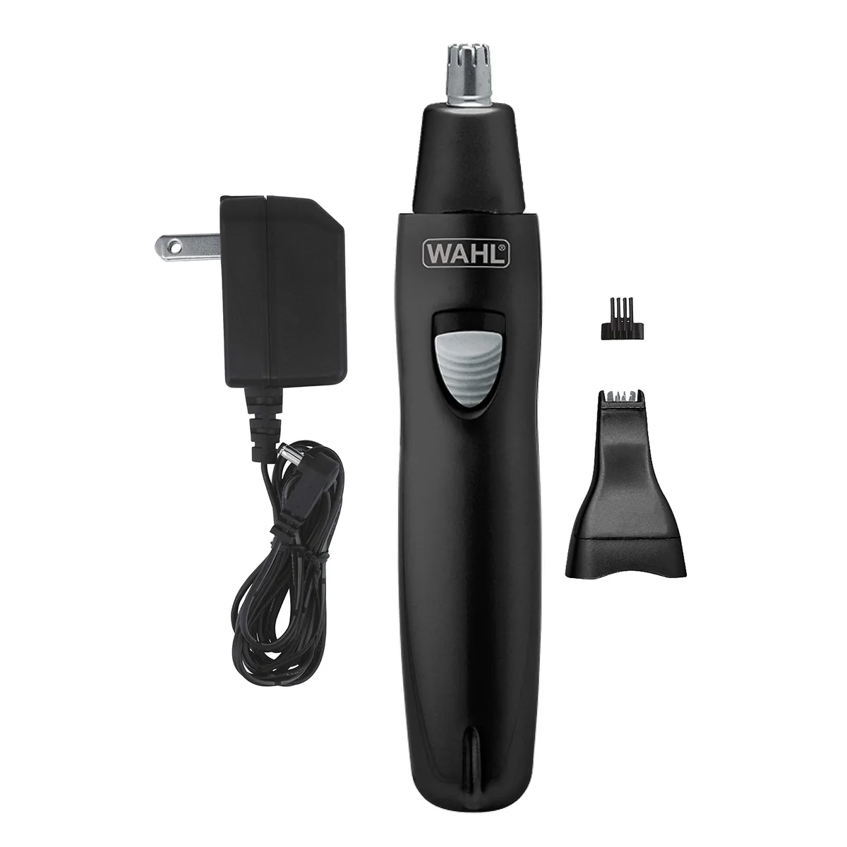 Black rechargeable grooming trimmer with five interchangeable heads