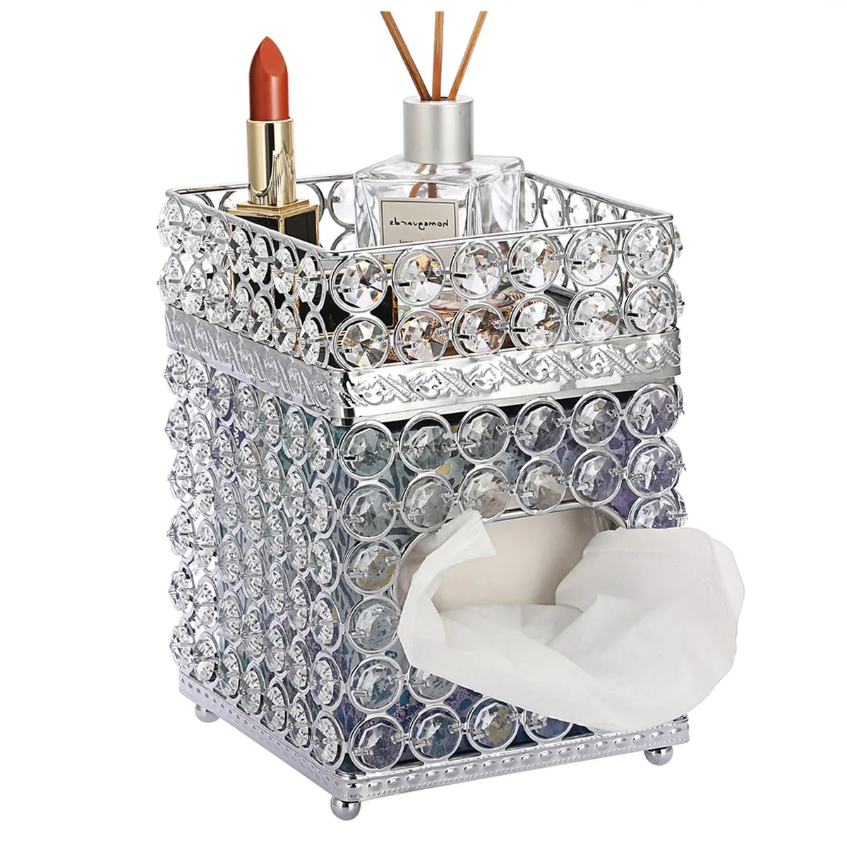 Silver square tissue box cover with crystal cube design and storage tray