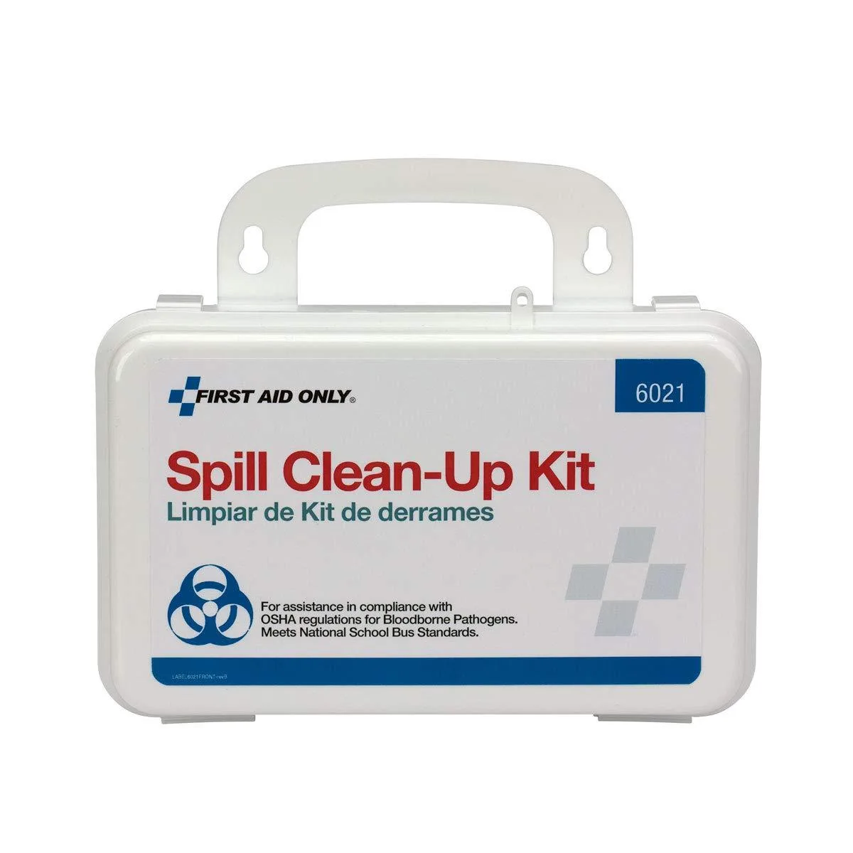 White weatherproof plastic case with carry handle, 21-piece body fluid clean-up kit inside