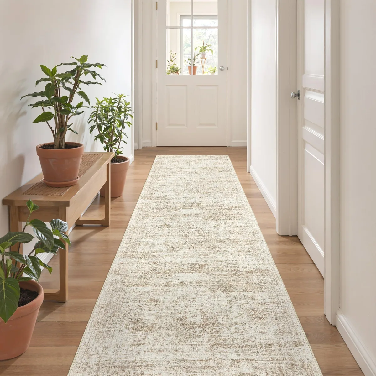 Beige and ivory microfiber runner rug, low pile, non-slip backing