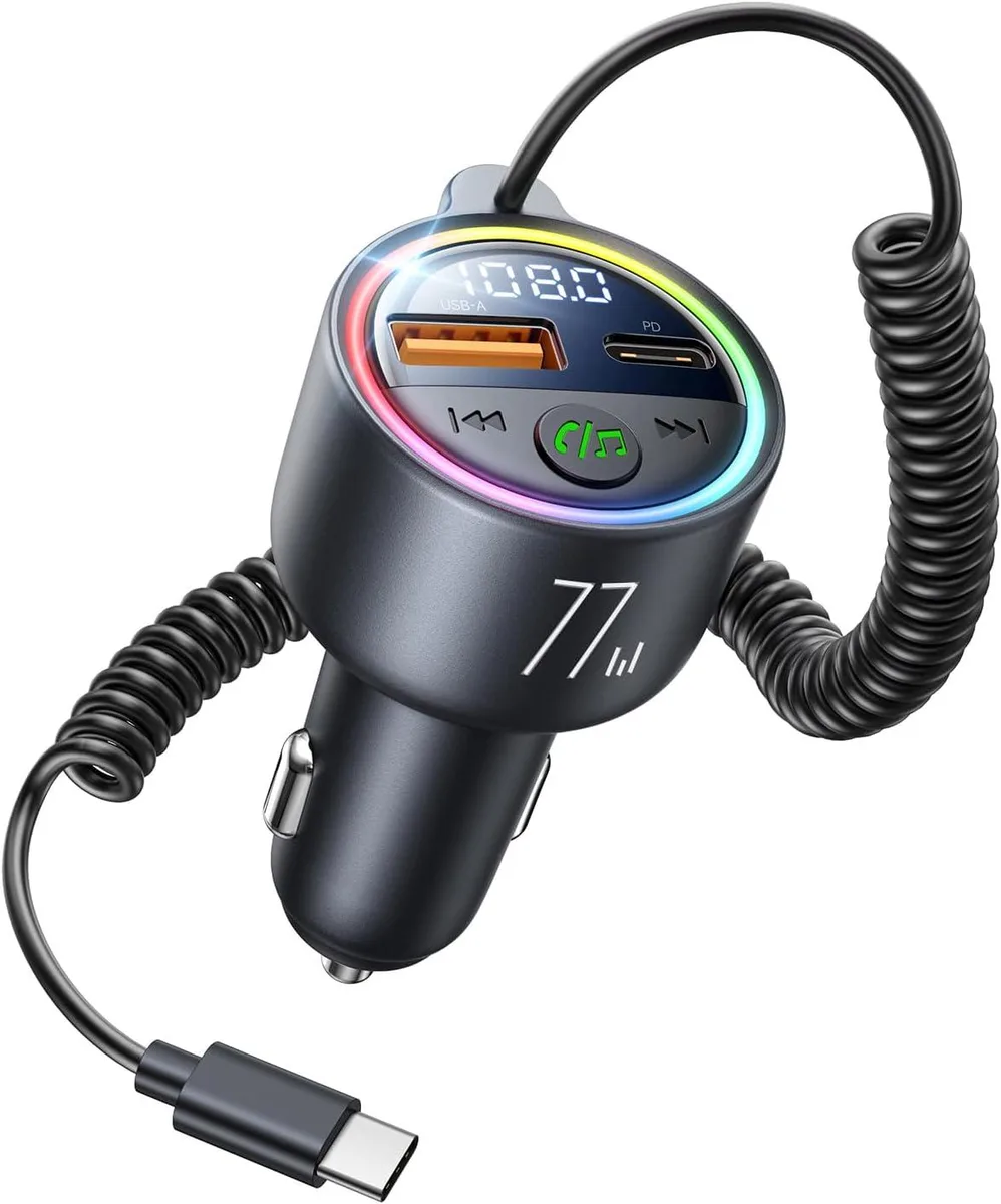 Werleo Werleo 77W Bluetooth 5.4 FM Transmitter Car Adapter 65W PD3.0 Fast Charging Type-C Spring Cable Black — product photo
