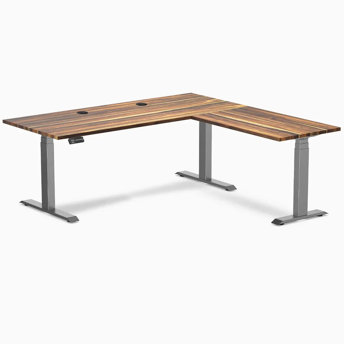 Desky Desky Hardwood L-Shape Sit Stand Desk Pheasantwood Space Gray 72 x 30 x 70 x 24 in with Grommets — product photo
