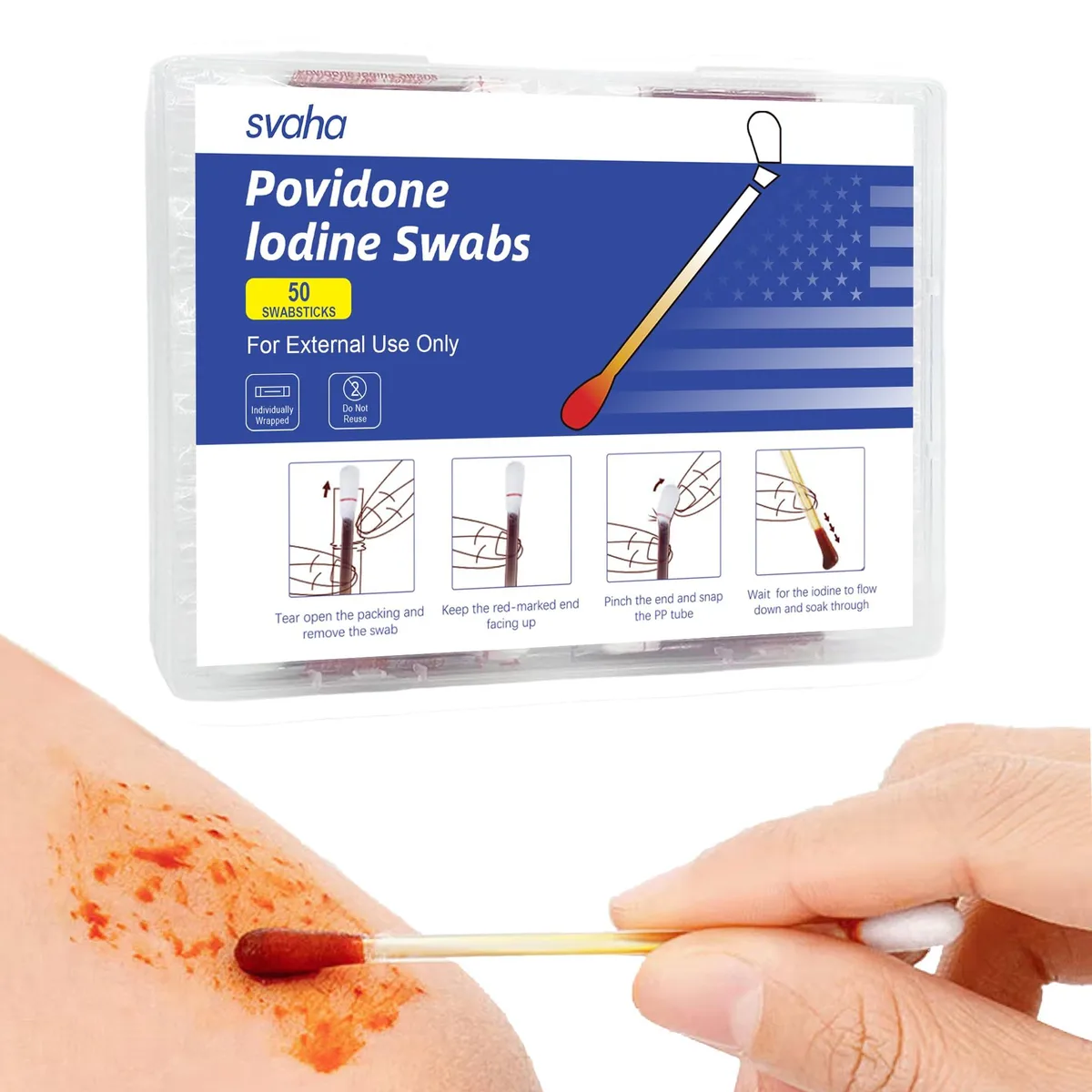 Blue plastic case holding 50 individually wrapped iodine swabs
