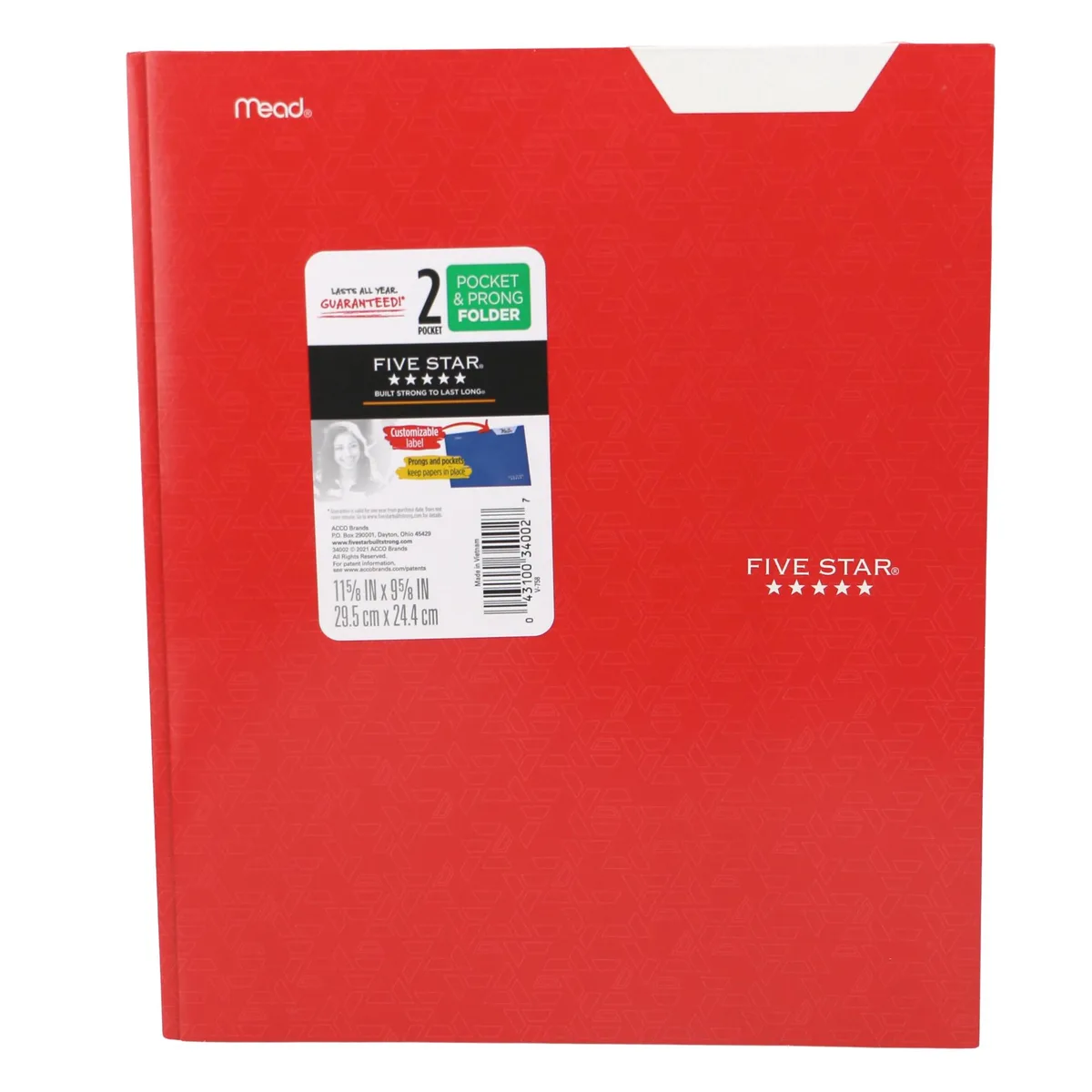 Red pocket folder with geometric pattern and three prongs