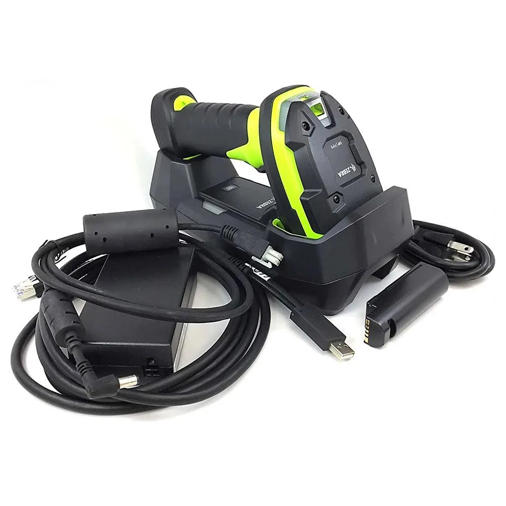 Cordless rugged barcode scanner with charging cradle and USB cable