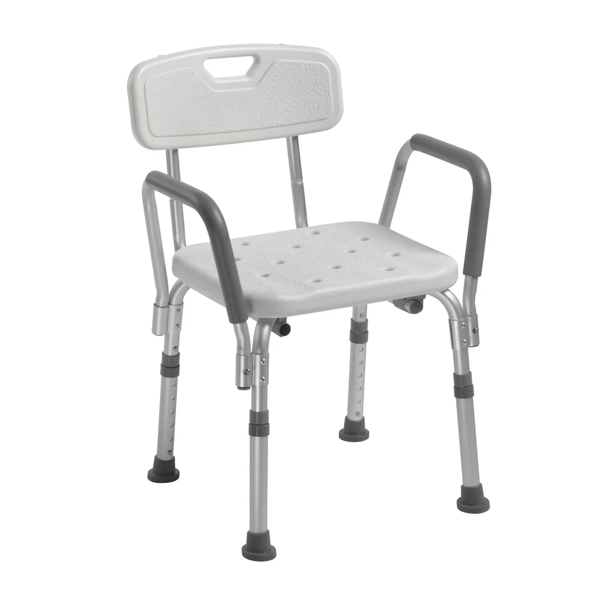 White aluminium shower chair with padded arms and backrest, rubber feet, drainage holes, adjustable height, 12 pack