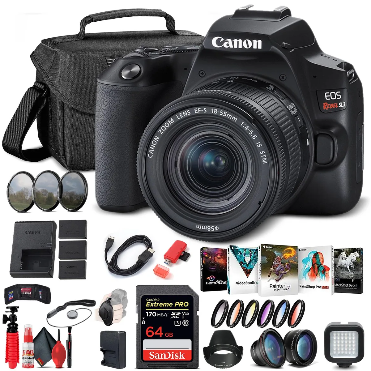 Canon Canon EOS Rebel SL3 DSLR Camera 18-55mm Black 3453C002 Travel Bundle — product photo