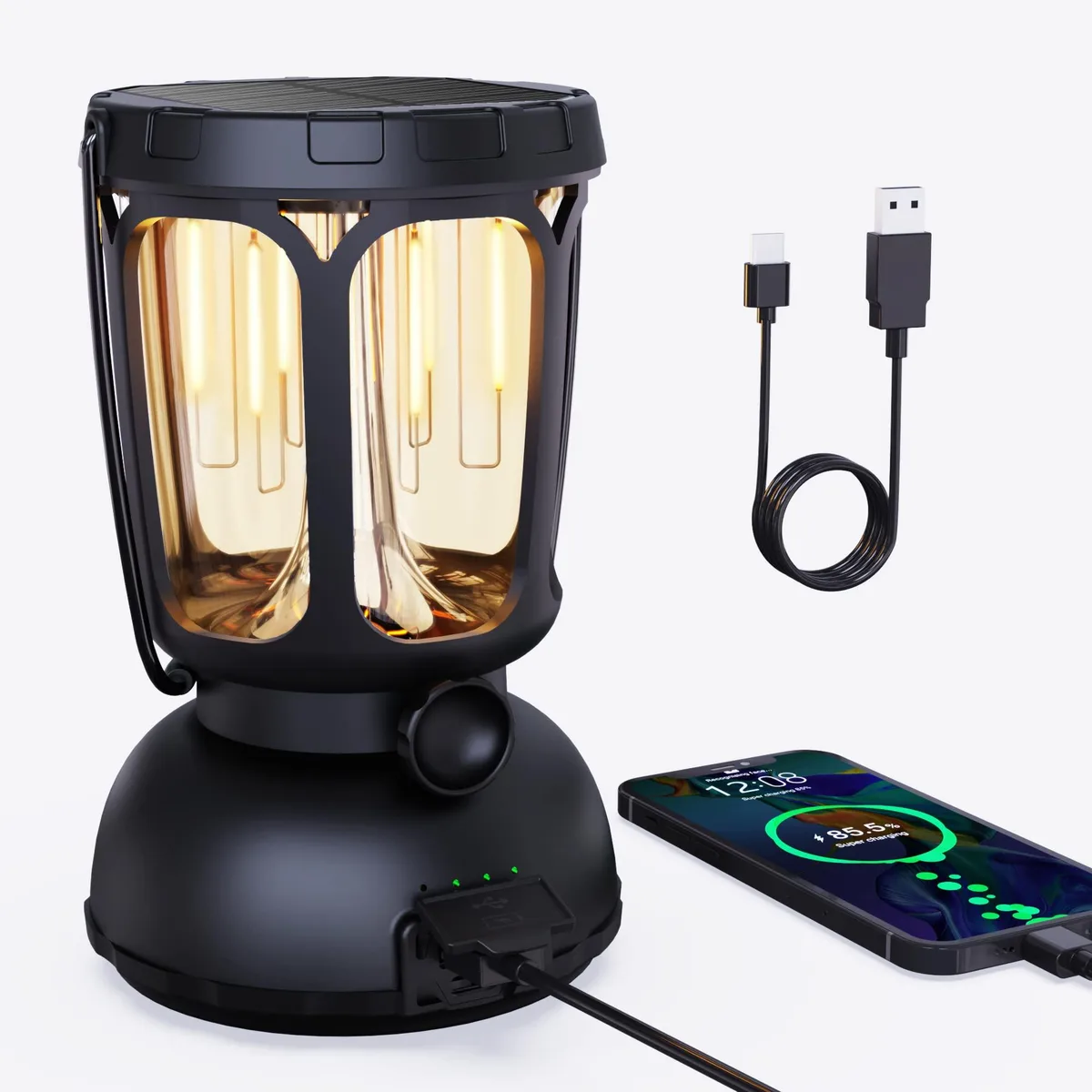 Black cylindrical lantern with solar panel top and side hand crank, metal carry handle, IPX4 rated