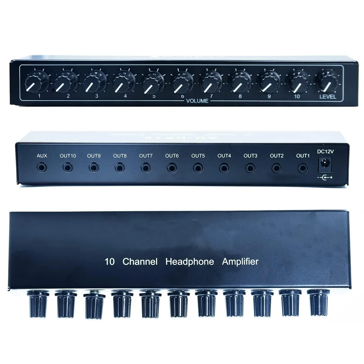 Black rectangular 10 channel headphone amplifier with volume knobs and 3.5mm jacks