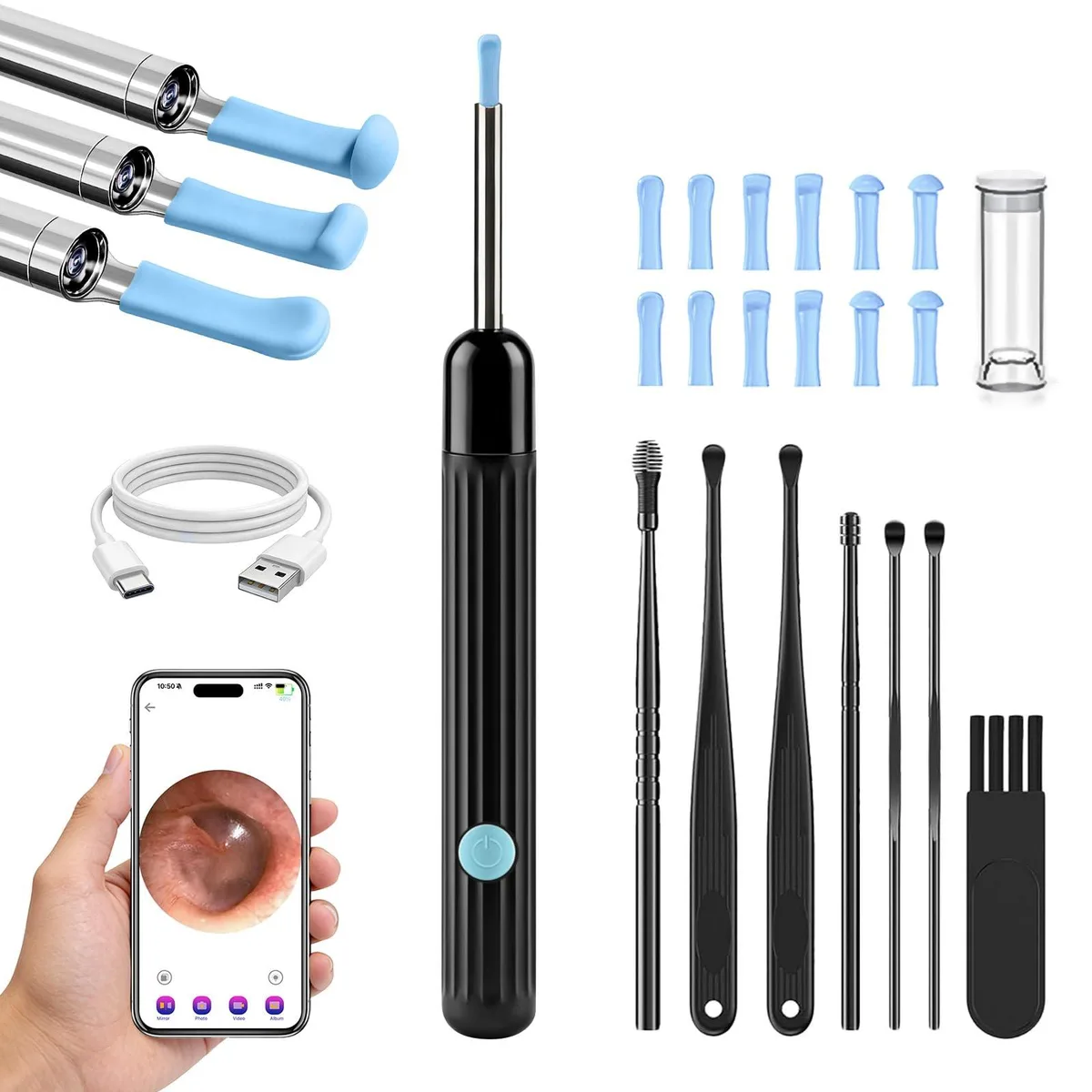 Black ear wax removal tool with 1080P HD camera and 6 LED lights