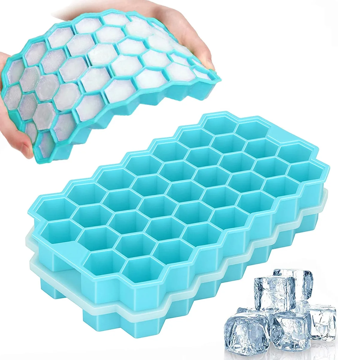 Two blue silicone ice cube trays with lids, each holding 37 small cubes, 74 total