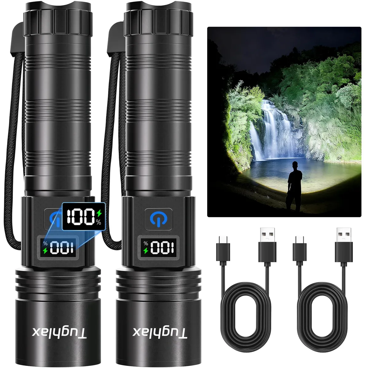 Two compact aluminium flashlights with textured grips and LCD battery displays