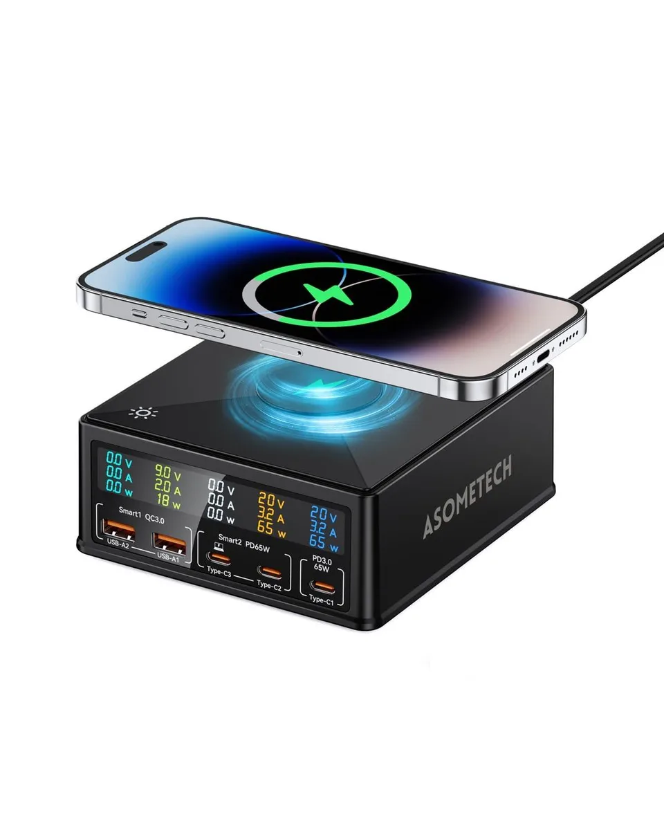 KEHIPI KEHIPI 868H 160W 5-Port USB Charger 65W PD QC3.0 Wireless LCD Black — product photo