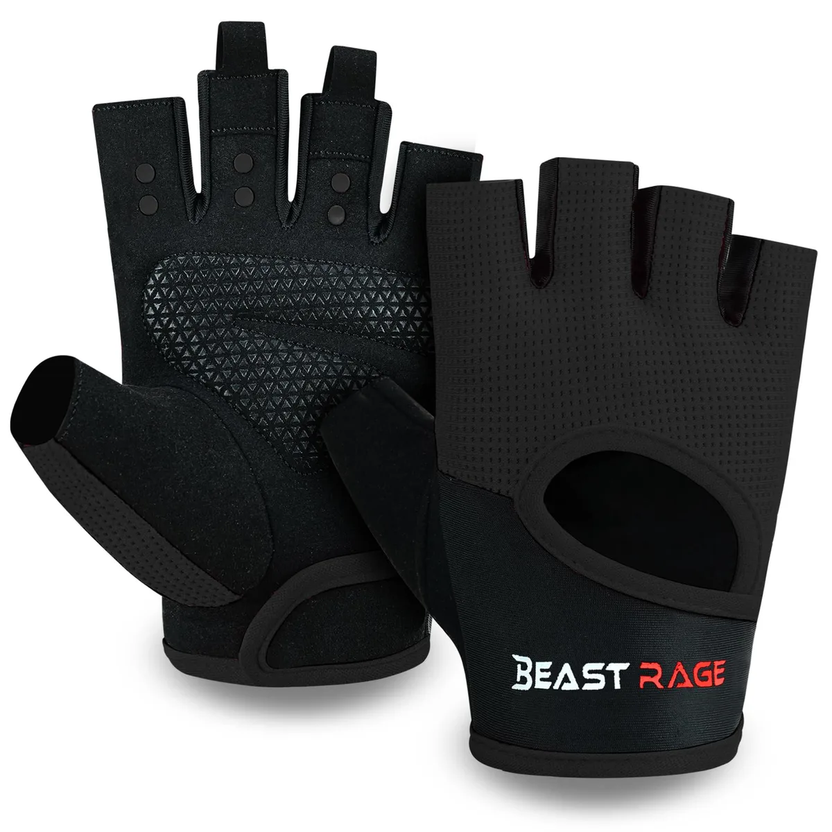 Black fingerless gym gloves with mesh back and padded palm, size M, 100% acrylic