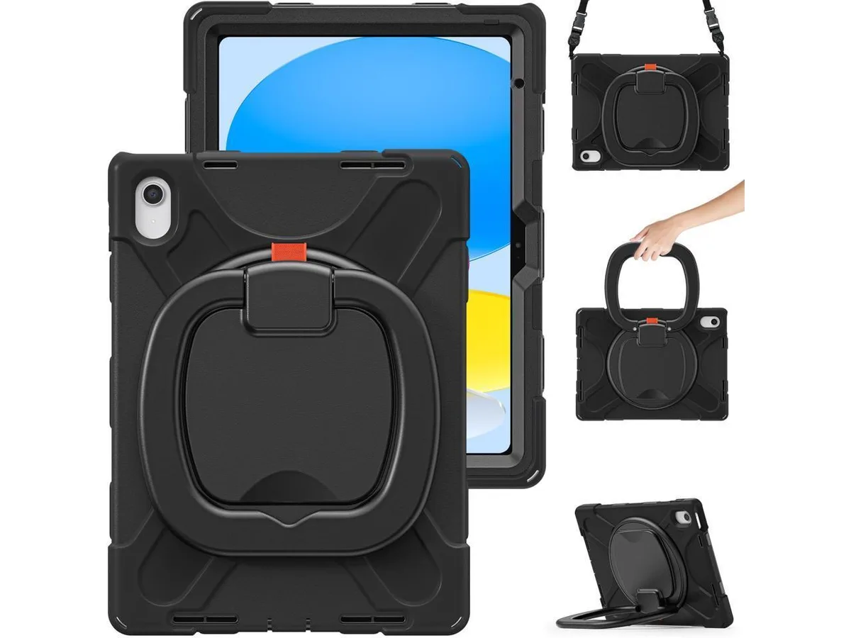Black rugged case for 10.9 inch iPad 10th Gen 2022 with pencil holder 360 stand hand grip shoulder strap
