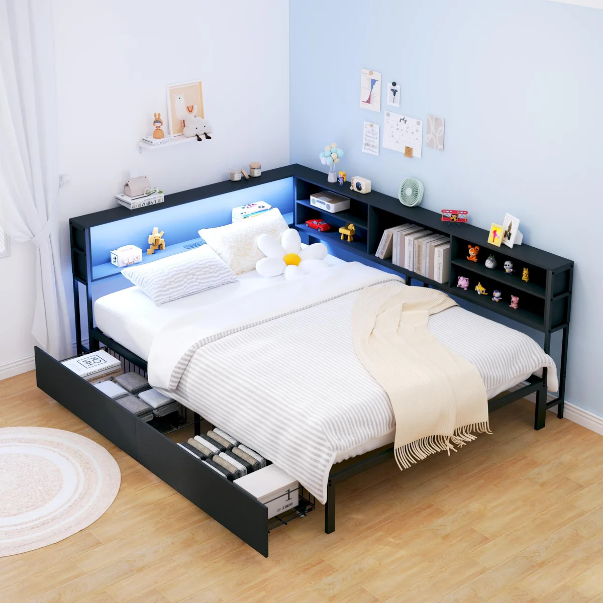 Black metal-and-wood corner daybed with bookcase headboard, LED strip, charging station and under-bed drawers