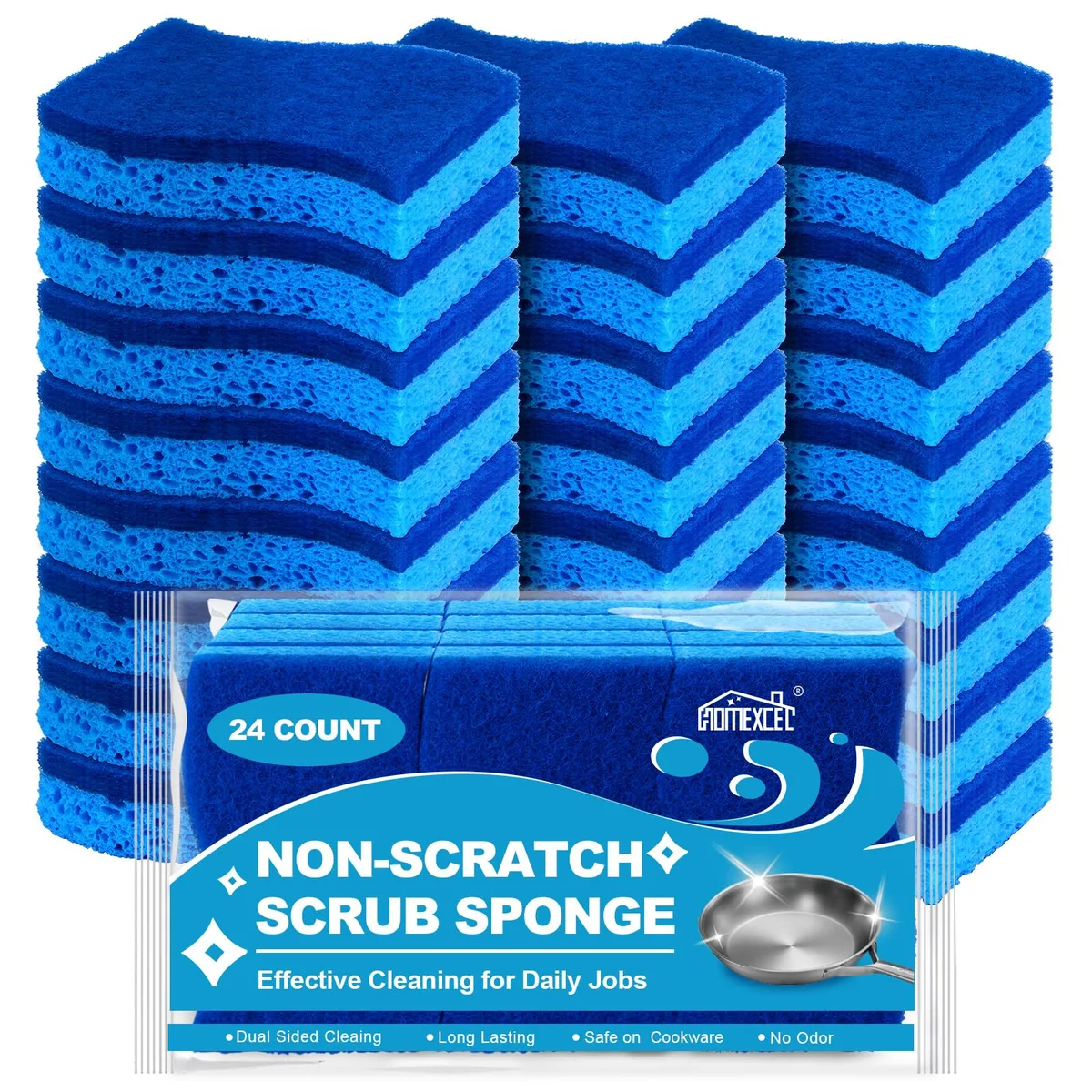 Pack of 24 dual-sided blue and white kitchen sponges