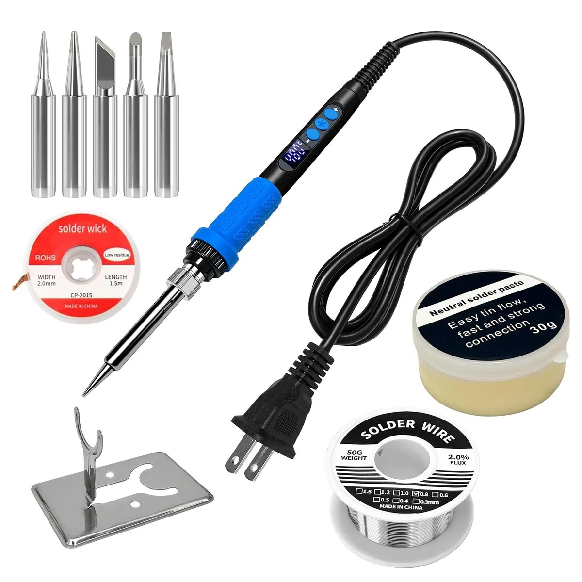 Blue 909A 90W soldering iron kit with LED display, ceramic heater, stand, tips, solder wire, desoldering wick, flux paste