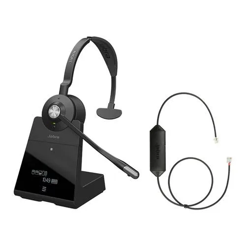 Mono wireless headset with headband and neckband, matte finish, integrated busy light, charging base visible