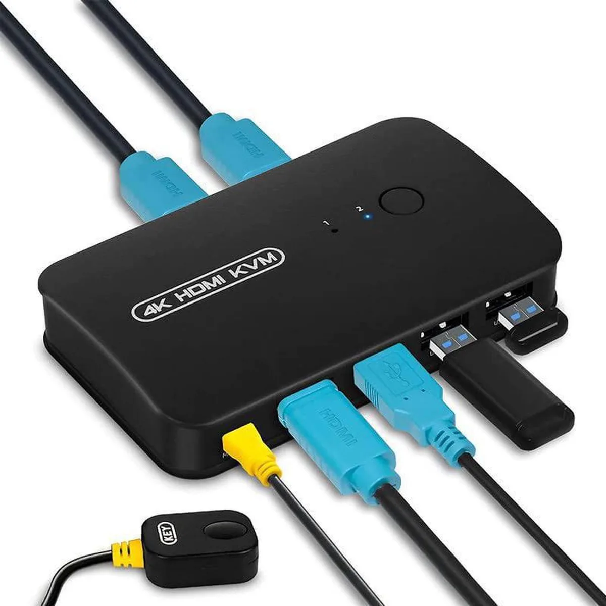 Compact black KVM switch with panel button and wired remote, two integrated HDMI-USB cables attached