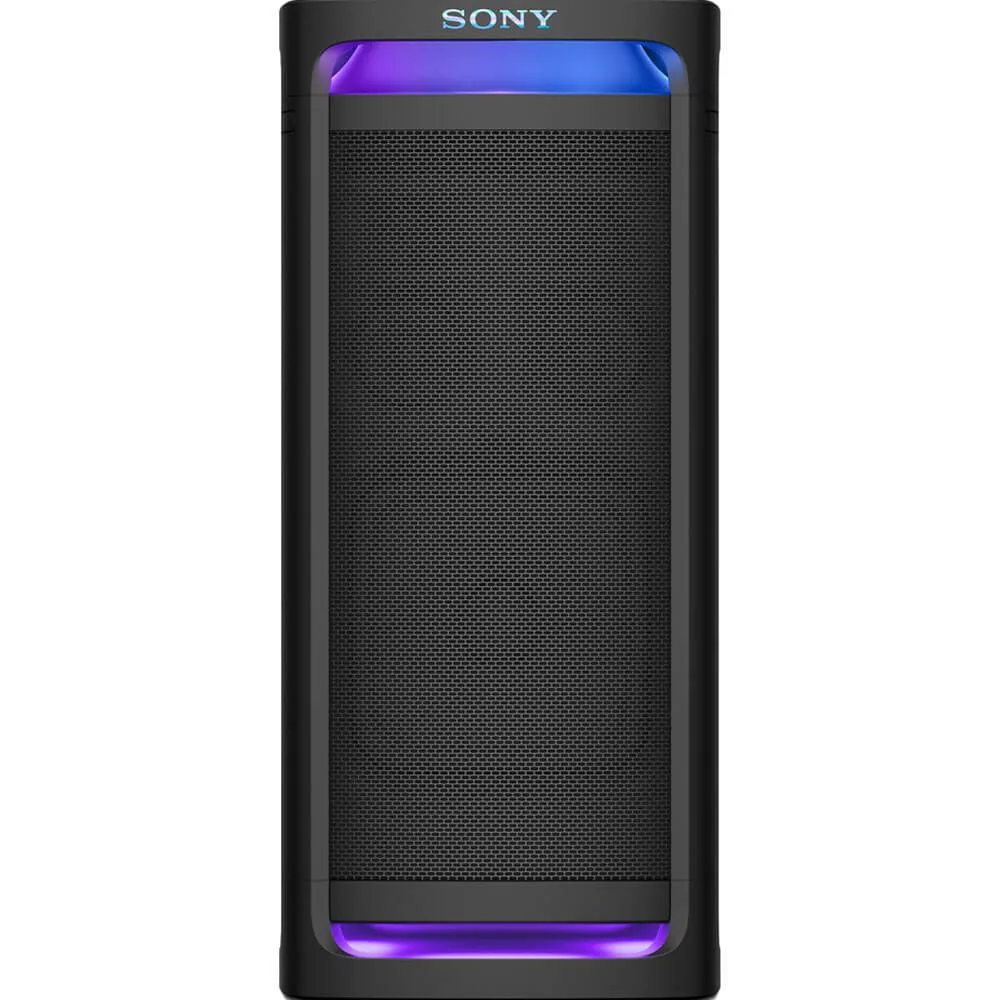 Tall black tower speaker on wheels with carry handle