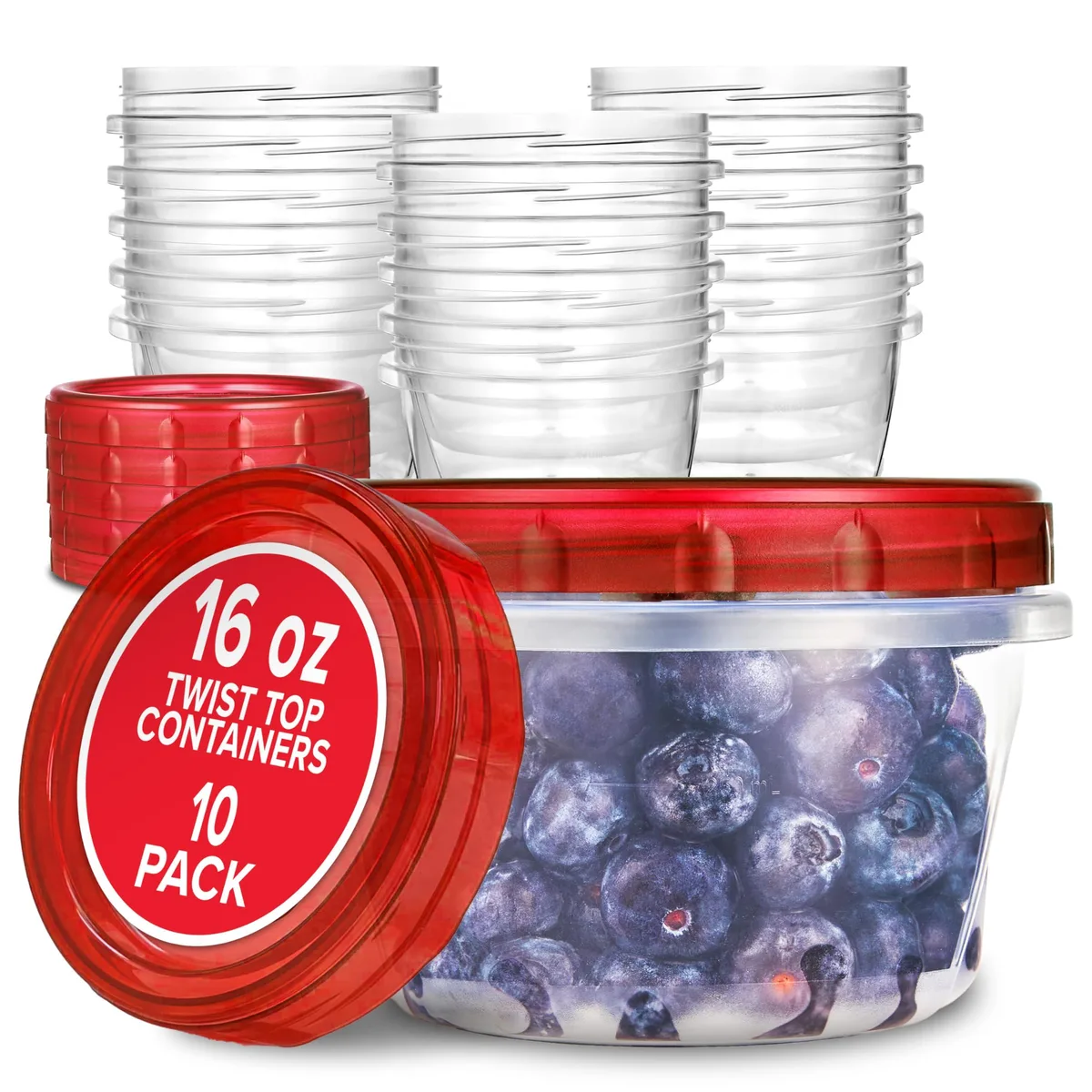 Ten clear 16oz plastic tubs with red twist-on lids, stacked