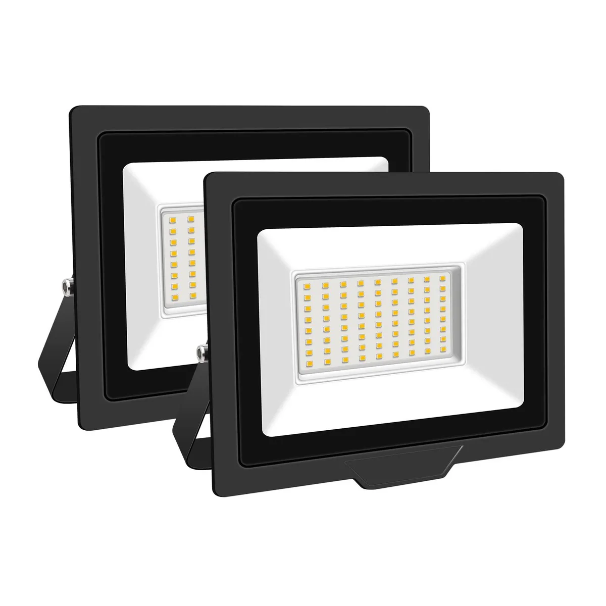 Two rectangular yellow floodlights with finned aluminium backs and tempered glass fronts, shown as a pair