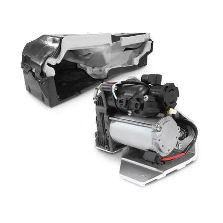 Unity air suspension compressor in black metal housing with mounting brackets and electrical connector
