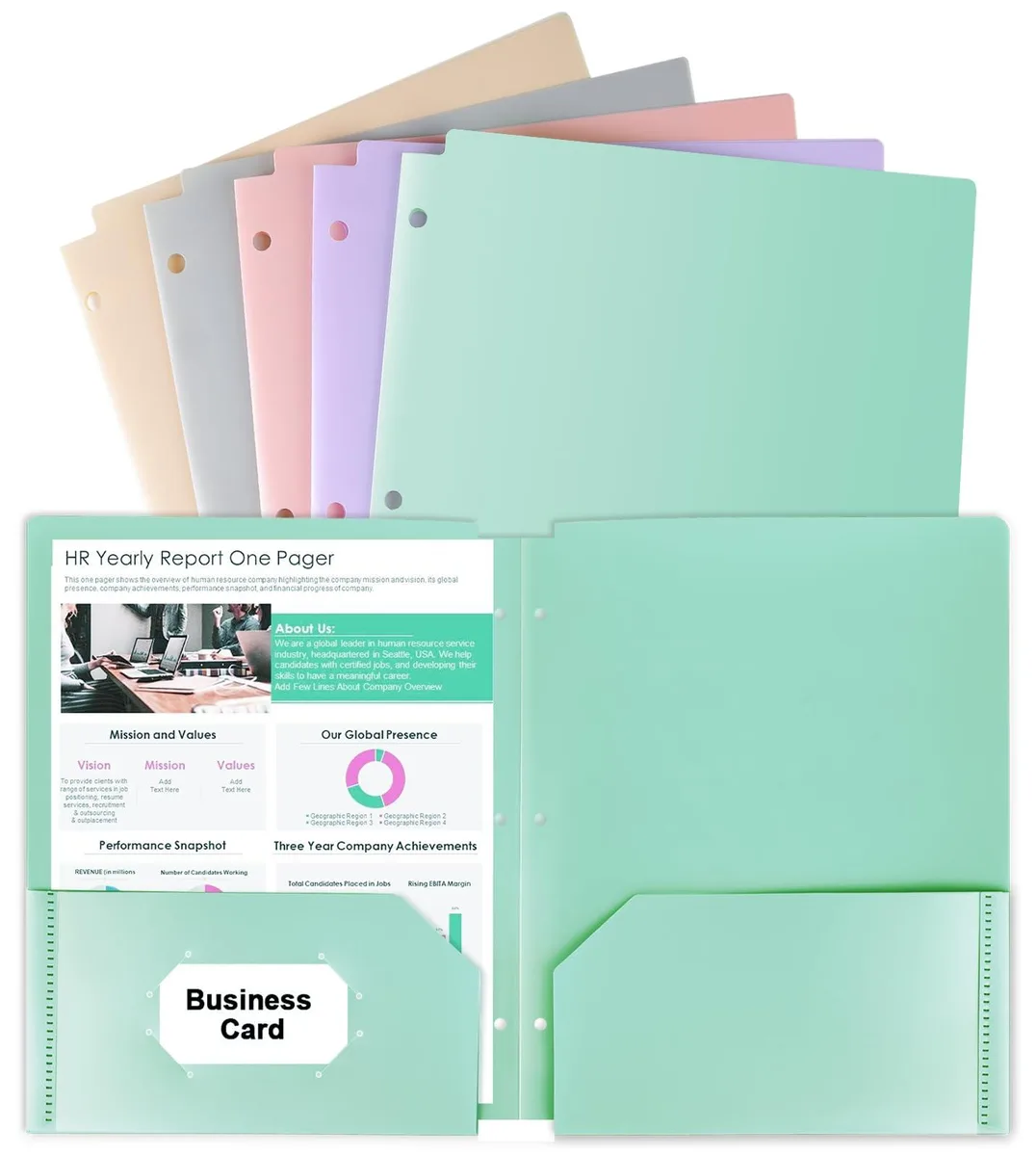 Five pastel plastic pocket folders with three holes, .5 in spine, letter size