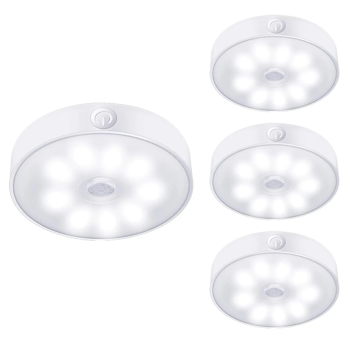 Four white acrylic puck lights with clear prismatic lenses, adhesive-backed, USB rechargeable