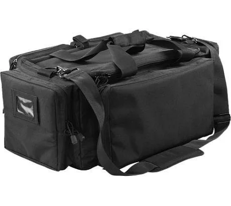 Black rectangular range bag with multiple outer pockets and carry handles