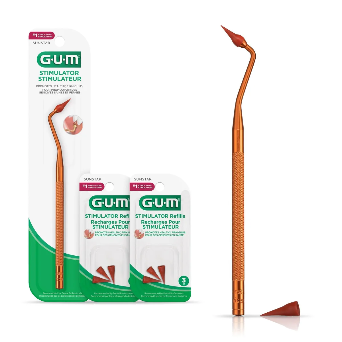 White plastic oral stimulator handle with angled rubber tip and two refill packs