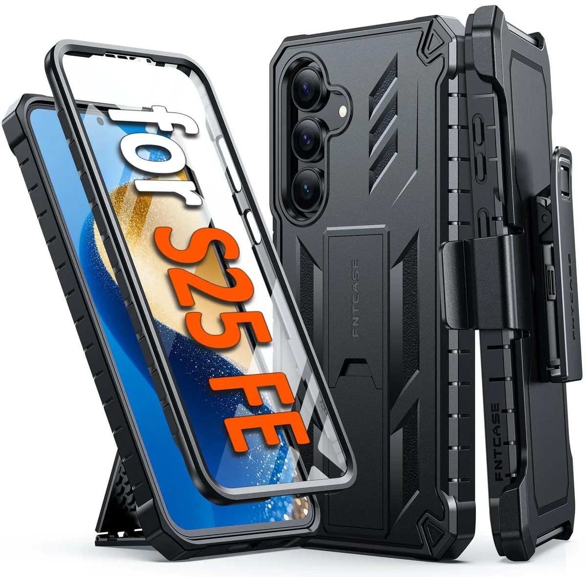  FNTCASE Samsung Galaxy S25 FE Case 6.7 inch Black Kickstand Belt Clip Holster Screen Protector — product photo
