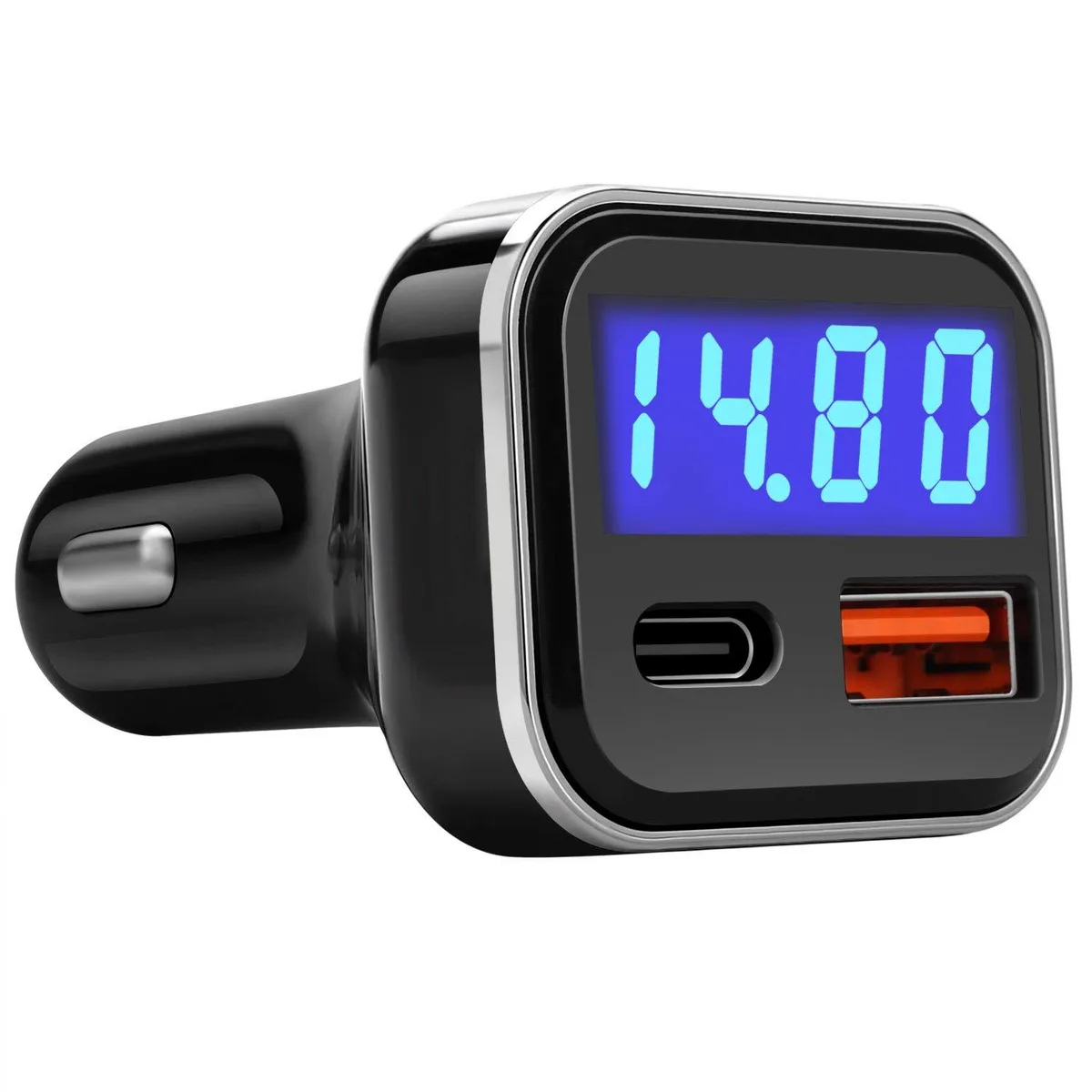 Compact black USB-C car charger with LED voltage display and two ports