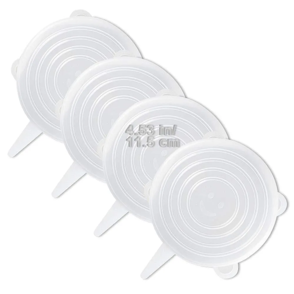 Four transparent round silicone stretch lids 11.5 cm diameter