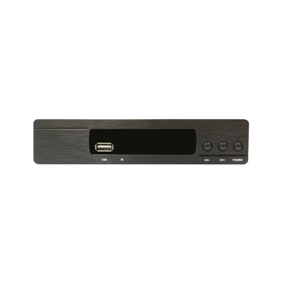 Small black rectangular media player box with front display and USB port