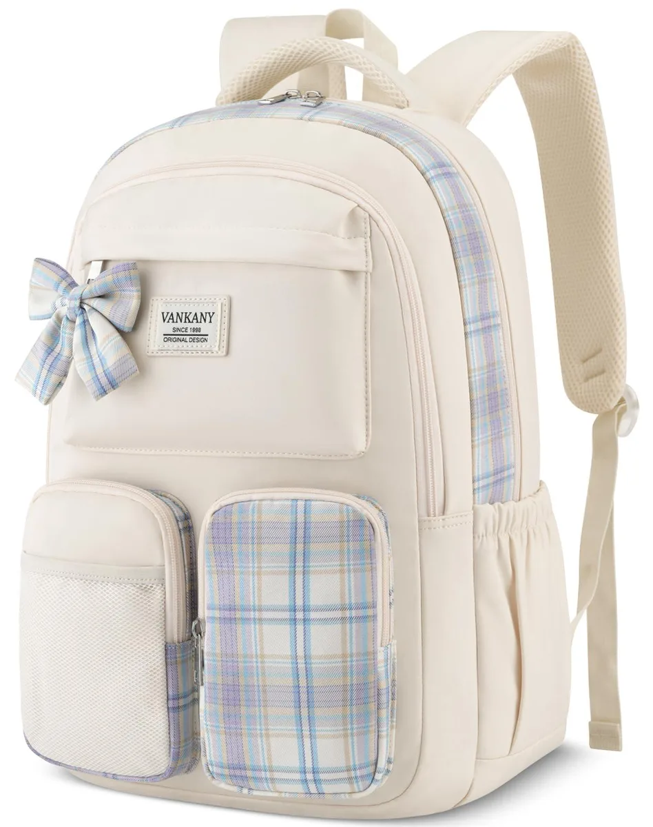 Beige rectangular backpack with large decorative bow, padded straps and multiple front pockets